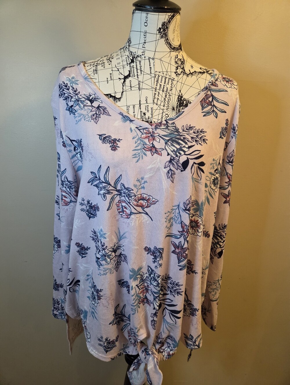 Massini 1X Plus Size Pink Floral Tie Front Blouse Long Sleeve Boho Cottagecore